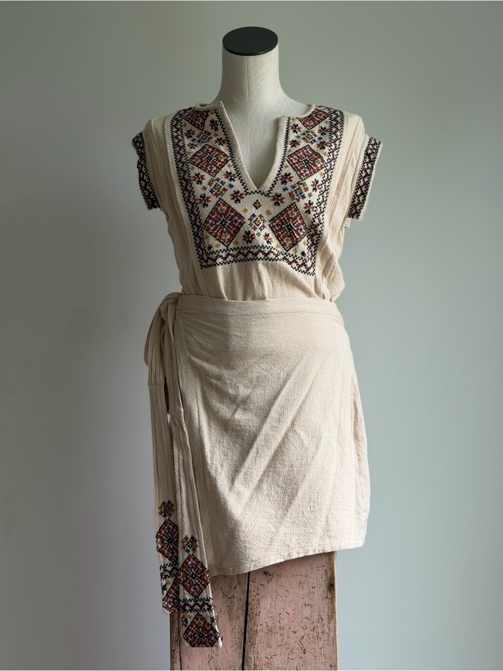 Free People Cream Textured Boho Top with Multicolor Embroidery